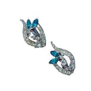 Vintage Womens Silver Tone Flame Clip On Earrings Clear Blue Stones Floral Back